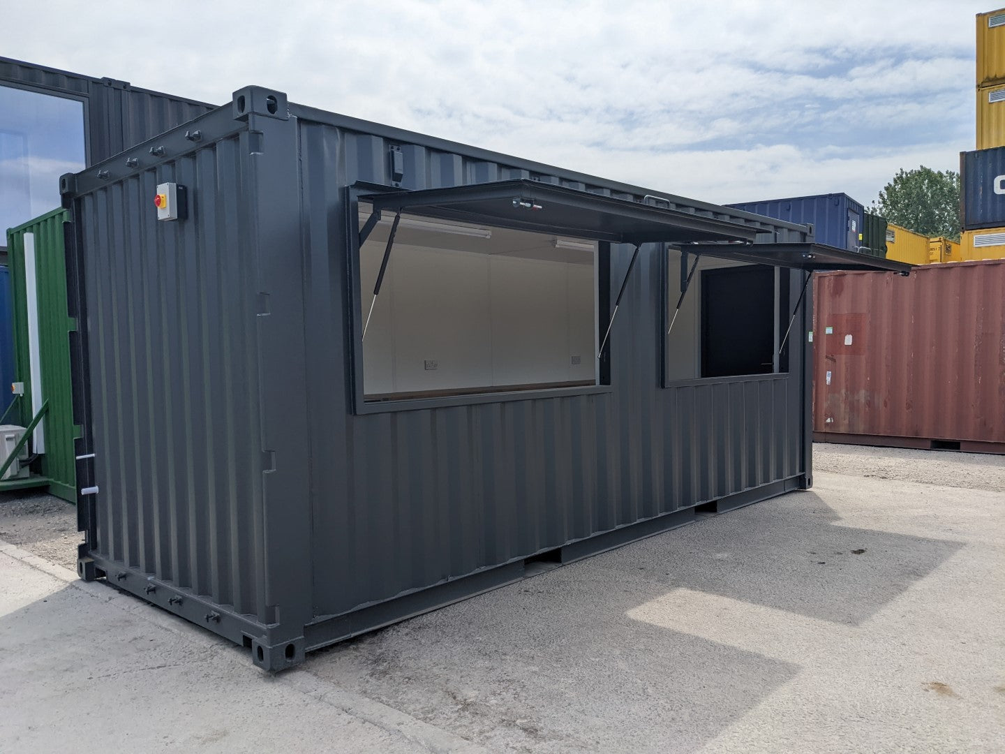 20ft Outdoor Catering Unit – Black Steel Shipping Container Conversion